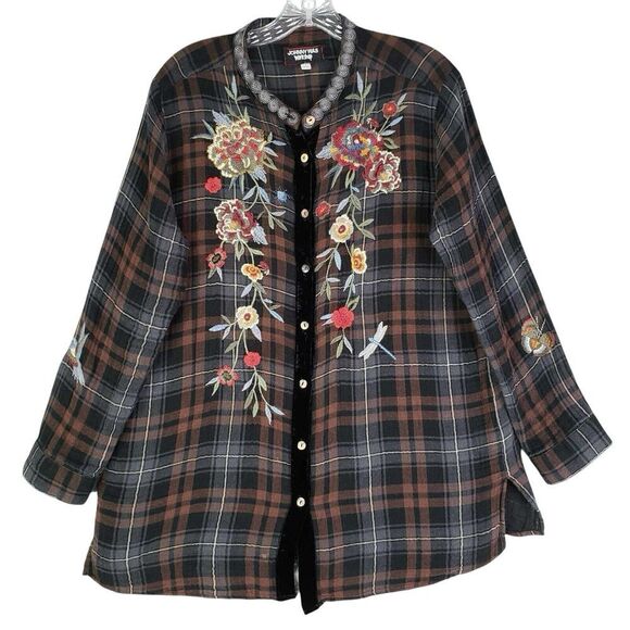 Johnny Was Workshop Button Down Shirt Plaid Embroidered Size Small S Floral - Picture 2 of 13